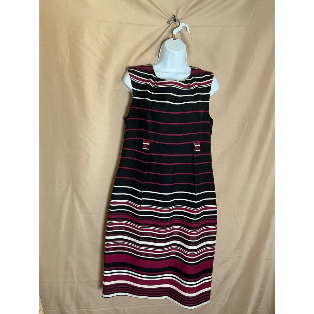 Shelby Palmer Sheath Dress Womens 12 Black Burgundy Striped Sleeveless Excellent - Picture 2 of 15